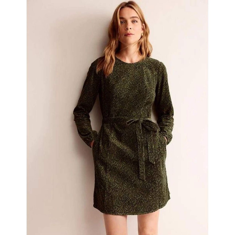 Boden Dress Women 10P Green Corduroy Floral Long Sleeve Mini A-Line